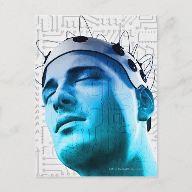 Illustration eines Mannes, der eine Elektroden-Kap Postkarte (Vorderseite)