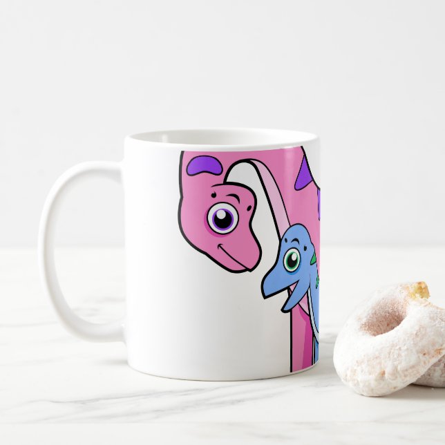 Illustration eines Mutter-Kind-Brachiosaurus. Kaffeetasse (Mit Donut)