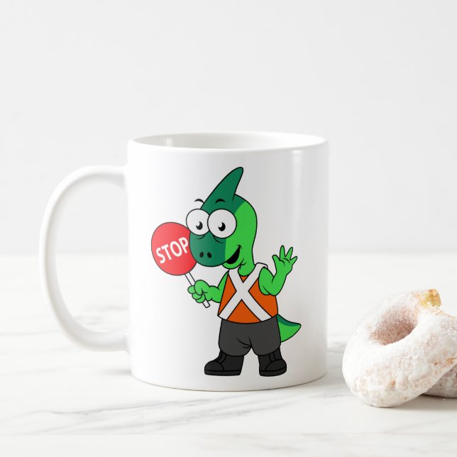 Illustration eines Parasaurolophus-Verkehrssünders Kaffeetasse (Mit Donut)