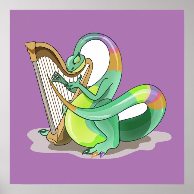 Illustration eines Plateosaurus, der die Harfe spi Poster (Vorne)