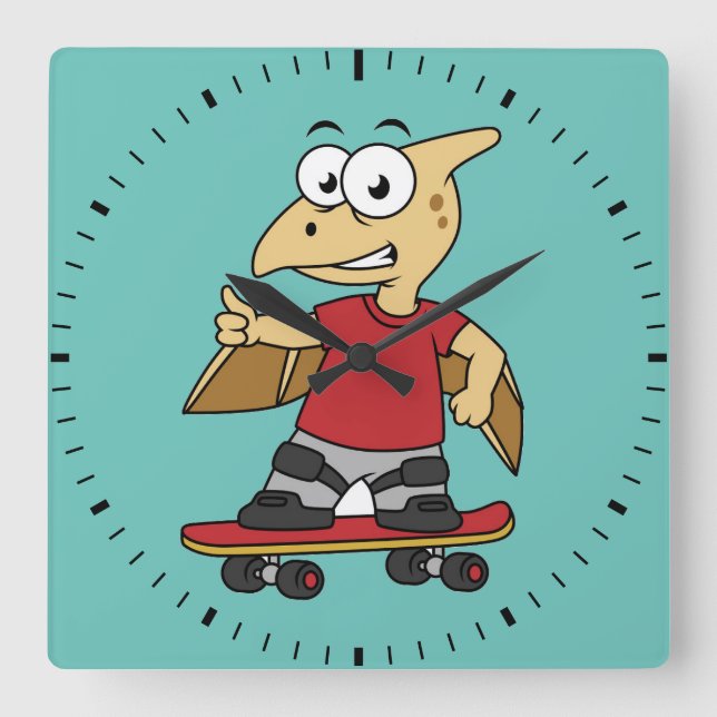 Illustration eines Pterosaurus Skateboarding. Quadratische Wanduhr (Vorderseite)