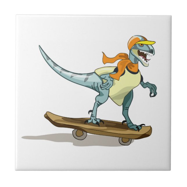 Illustration eines Raptor Skateboarding. Fliese (Vorderseite)