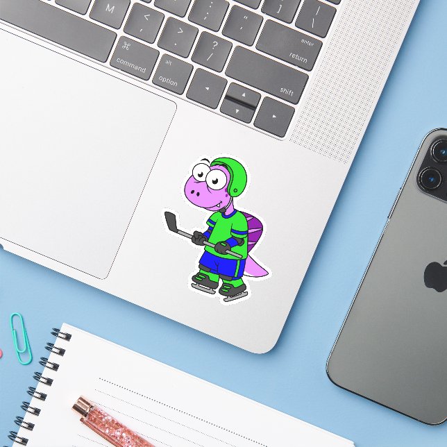 Illustration eines Spinosaurus-Hockeyspielers. Aufkleber (Laptop mit iPhone)