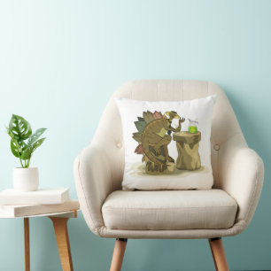 Illustration eines Stegosaurus, der ein Getränk tr Kissen