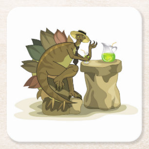 Illustration eines Stegosaurus, der ein Getränk tr Rechteckiger Pappuntersetzer