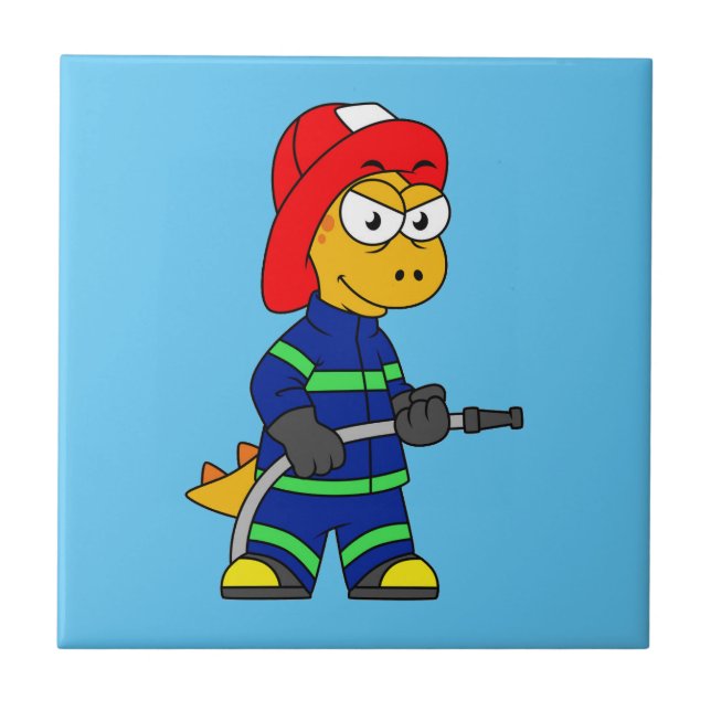 Illustration eines Tyrannosaurus Rex Feuerwehrmann Fliese (Vorderseite)