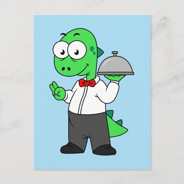 Illustration eines Tyrannosaurus Rex Food Kellners Postkarte (Vorderseite)