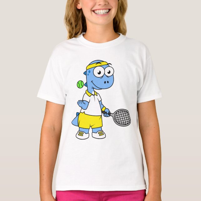 Illustration eines Tyrannosaurus Rex Tennis Player T-Shirt (Vorderseite)