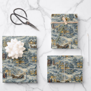Illustration eines viktorianischen Schneedorfs zu Geschenkpapier Set