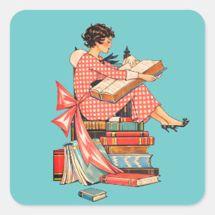Illustration eines Vintage-Buchliebhabers beim Les Quadratischer Aufkleber