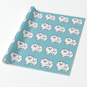Illustration eines weißen Pomeranian-Hundes auf Bl Geschenkpapier