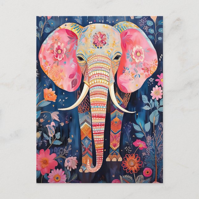 Illustration Elefant mit Blumen Postkarte (Vorderseite)