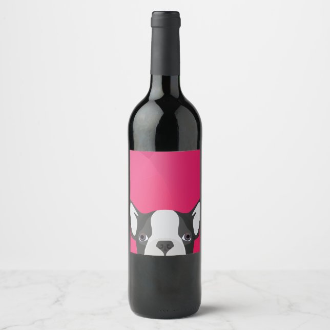 Illustration Französischer Bulldog mit rosa Hinter Weinetikett (Vorderseite)