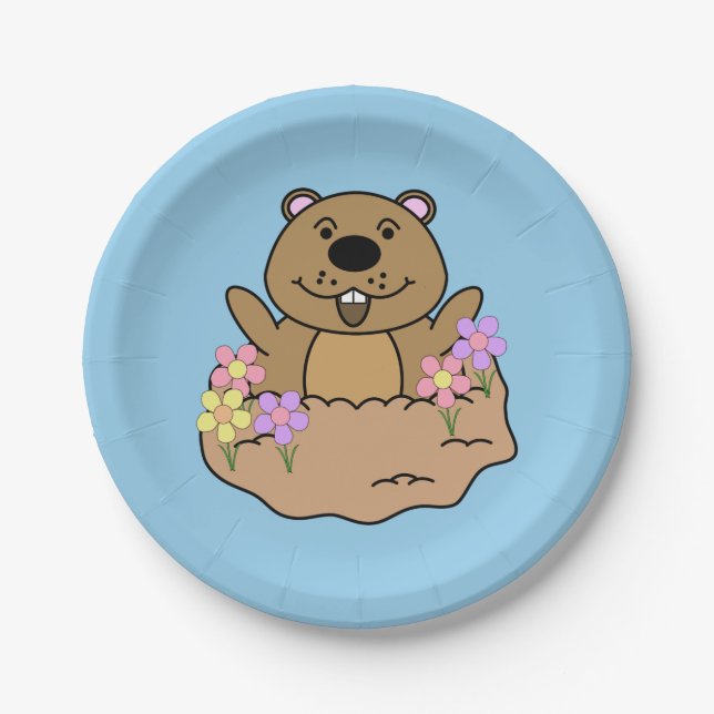 Illustration Groundhog mit Blume Pappteller (Vorderseite)