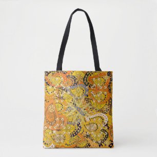 Illustration in den Farben Gelb, Orange und Braun. Tasche