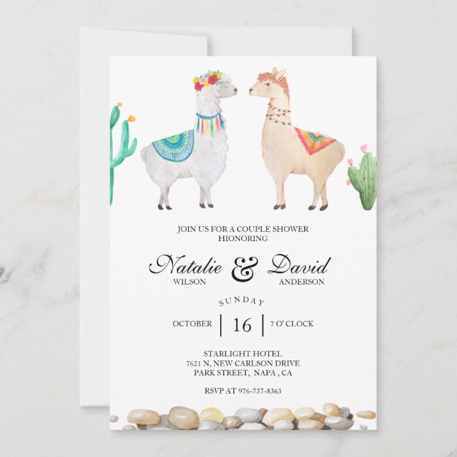 Illustration Llama Invitation Turquoise Douche Cou (Devant)