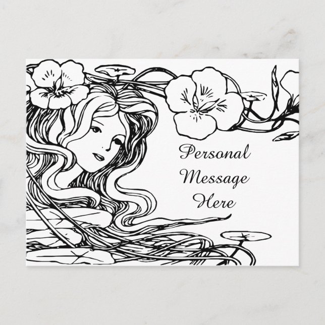 Illustration Lovely Lady Fflügen Haare & Blume Postkarte (Vorderseite)
