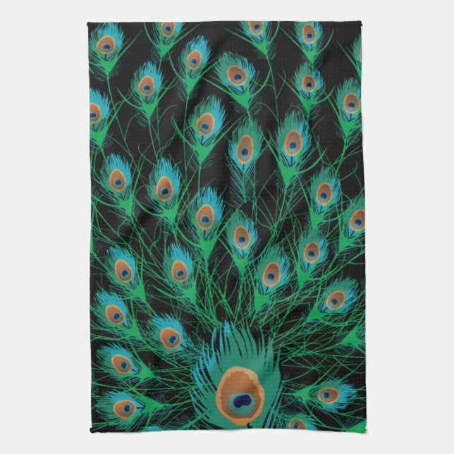 Illustration mit Pfau-Federn auf Schwarzem Geschirrtuch (Vertikal)