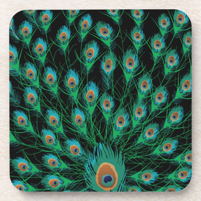 Illustration mit Pfau-Federn auf Schwarzem Getränkeuntersetzer (Vorderseite)