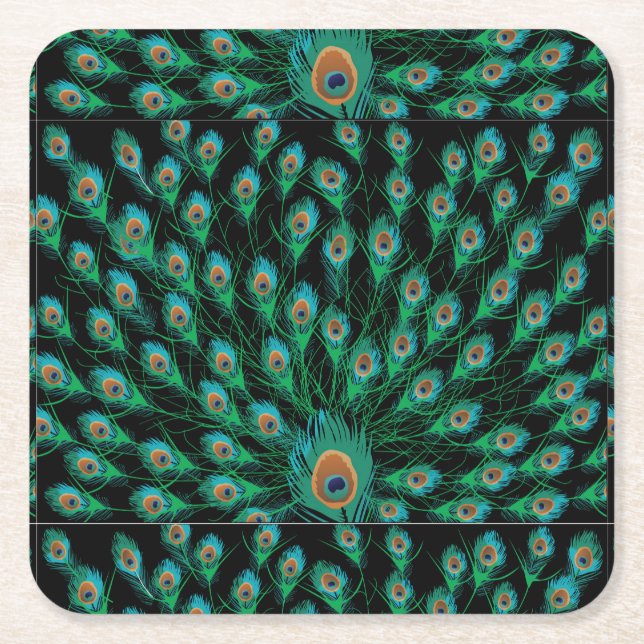 Illustration mit Pfau-Federn auf Schwarzem Rechteckiger Pappuntersetzer (Vorderseite)