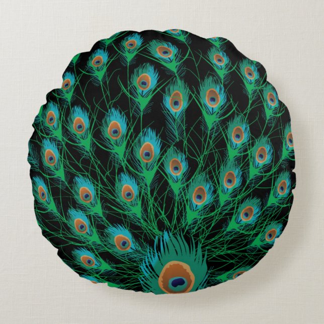 Illustration mit Pfau-Federn auf Schwarzem Rundes Kissen (Vorderseite)