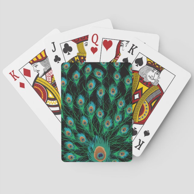 Illustration mit Pfau-Federn auf Schwarzem Spielkarten (Rückseite)