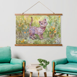 Illustration Niedlich Kitten Garden Butterfly Blum Wandteppich Mit Holzrahmen