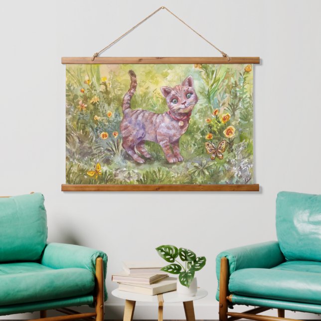 Illustration Niedlich Kitten Garden Butterfly Blum Wandteppich Mit Holzrahmen (Wohnzimmer)