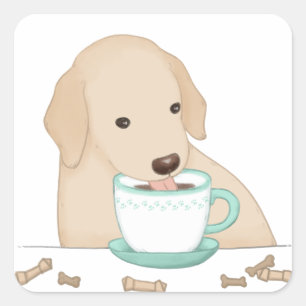 Illustration niedlicher Hunde, Kaffee und Leckerei Quadratischer Aufkleber