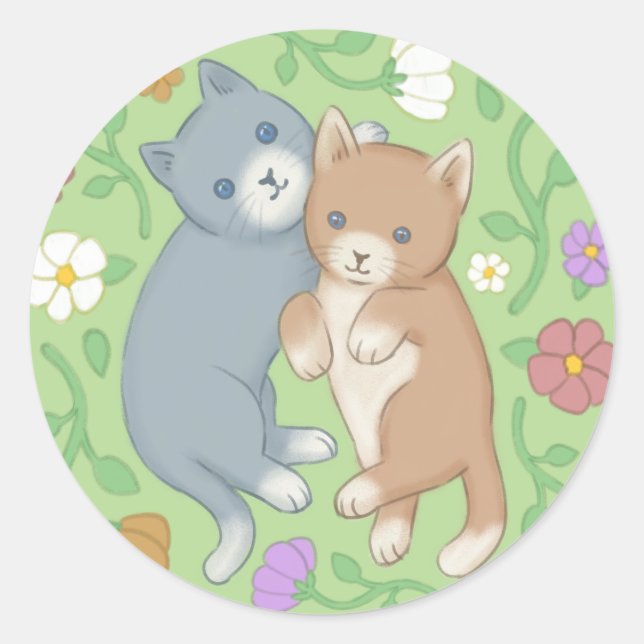 Illustration niedlicher Katzen und Blume Runder Aufkleber (Vorderseite)
