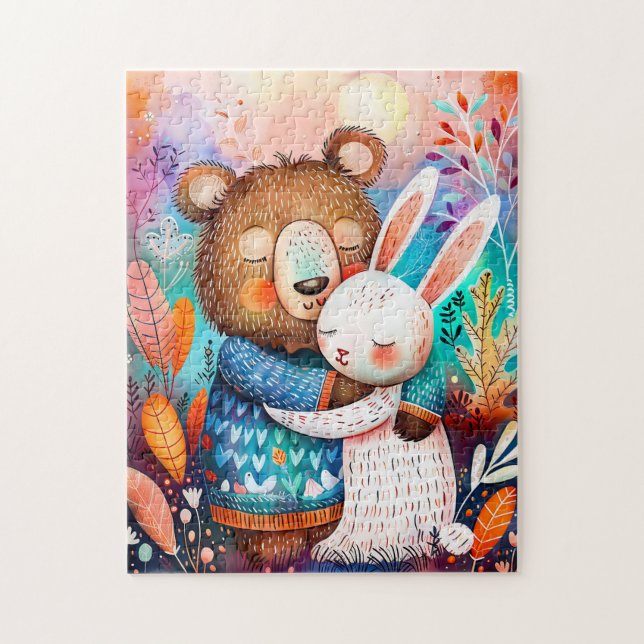 Illustration of bear hugging rabbit in forest. (Vertikal)