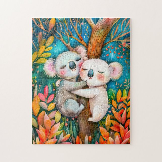 Illustration of koalas hugging in eucalyptus fores (Vertikal)