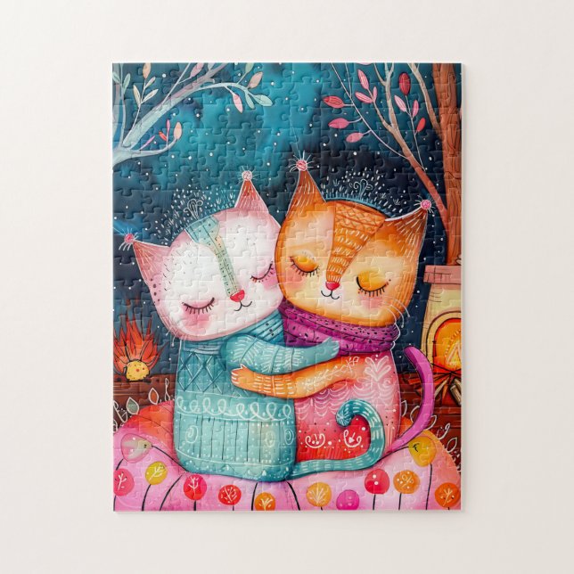 Illustration of two cats hugging in a cozy setting (Vertikal)