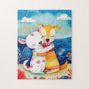 Illustration of two dogs playing at the beach