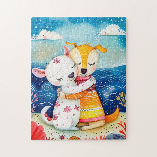 Illustration of two dogs playing at the beach (Vertikal)