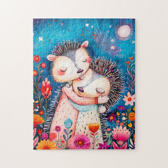 Illustration of two Hugging Hedgehogs in night at  (Vertikal)