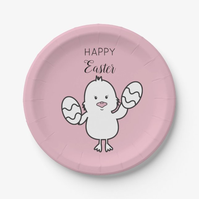 Illustration Pastel Pink Niedlich Osterküken & Eie Pappteller (Vorderseite)