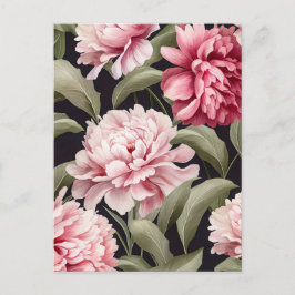 Illustration pink peony flowers with green leaves postkarte