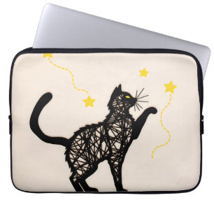 Illustration Schwarze Katze Spielende Sterne Laptopschutzhülle