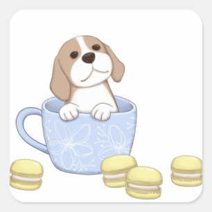 Illustration über niedliche Hunde, Cup & Macarons Quadratischer Aufkleber