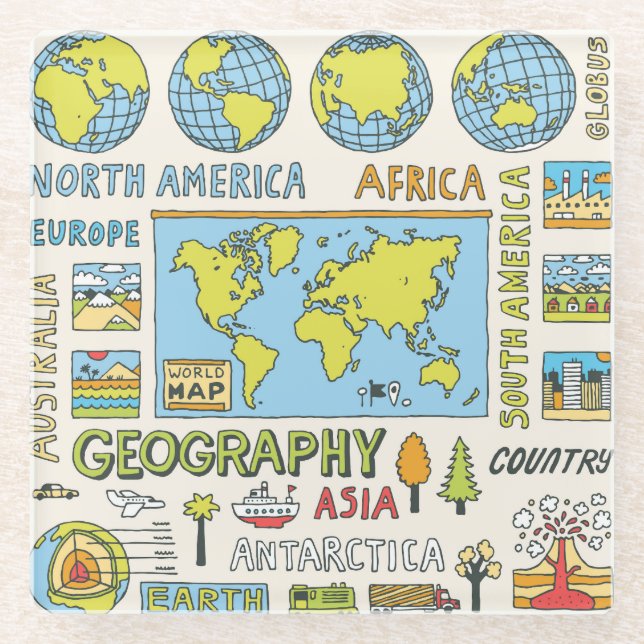 Illustration Vintager Geografie Glasuntersetzer (Vorderseite)