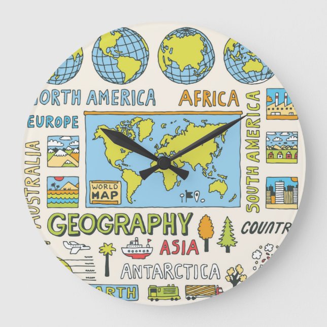 Illustration Vintager Geografie Große Wanduhr (Vorderseite)