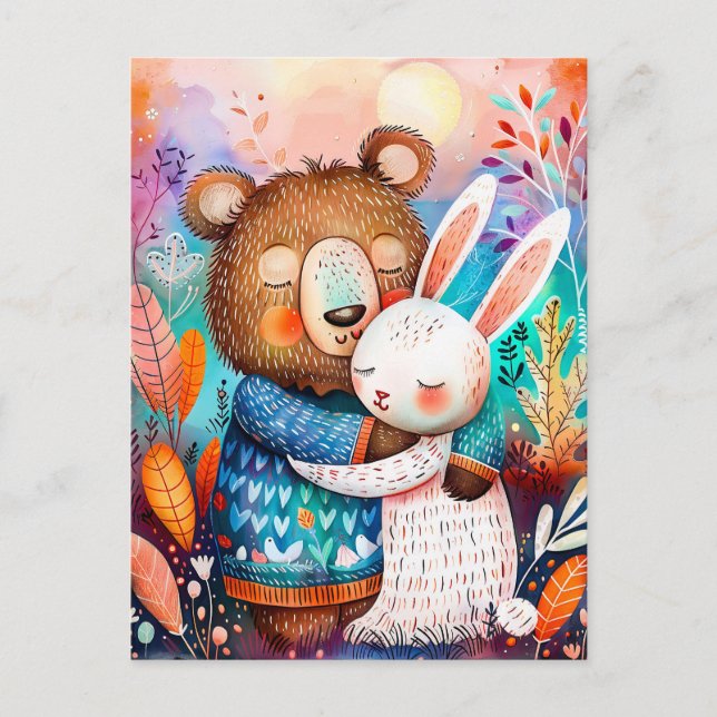 Illustration von Bären umarmendem Kaninchen im Wal Postkarte (Vorderseite)
