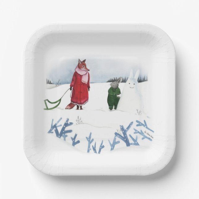 Illustration von Fox und Kaninchen Weihnachtsschne Pappteller (Vorderseite)