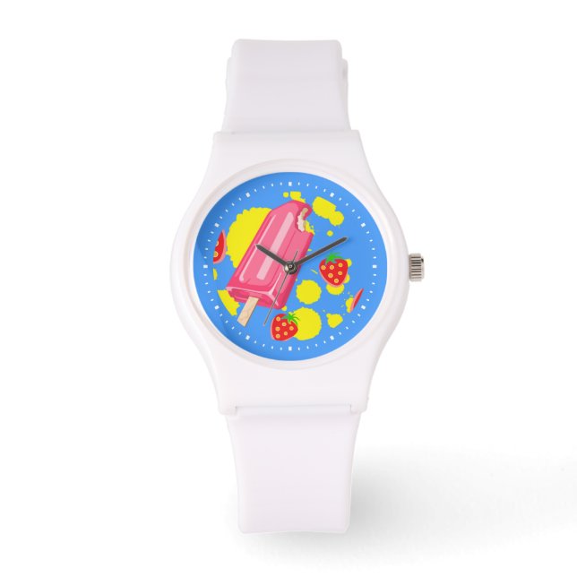 Illustration von Fun Pink Popsicle und Strawberrie Armbanduhr (Vorderseite)