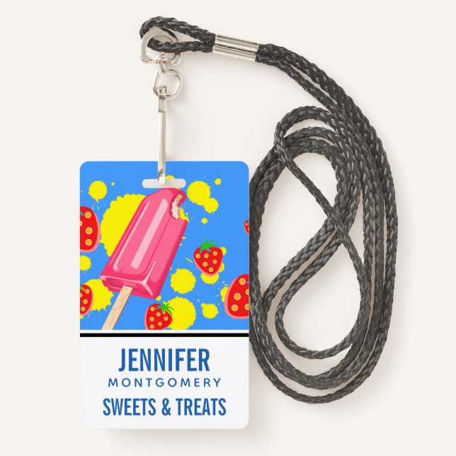 Illustration von Fun Pink Popsicle und Strawberrie Ausweis (Vorderseite mit Schlüsselband)