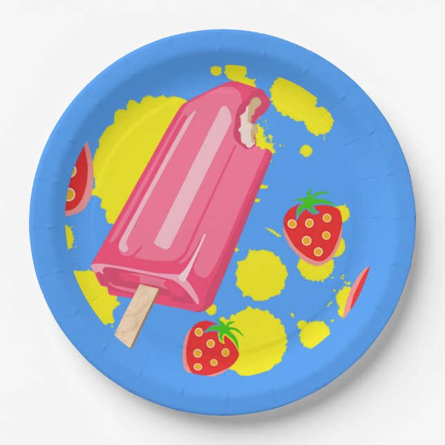 Illustration von Fun Pink Popsicle und Strawberrie Pappteller (Vorderseite)