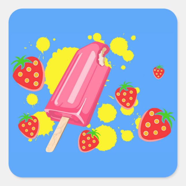 Illustration von Fun Pink Popsicle und Strawberrie Quadratischer Aufkleber (Vorderseite)