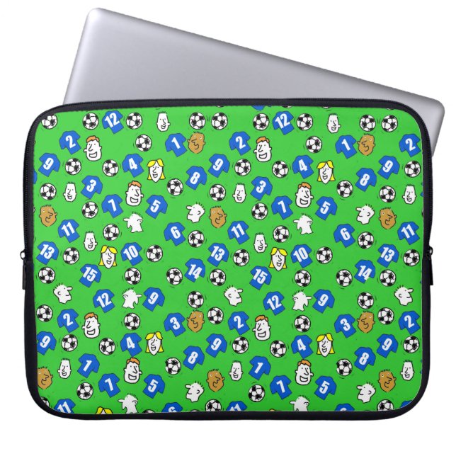 Illustration von Fußbällen, blauen Shirts und Vent Laptopschutzhülle (Vorderseite)