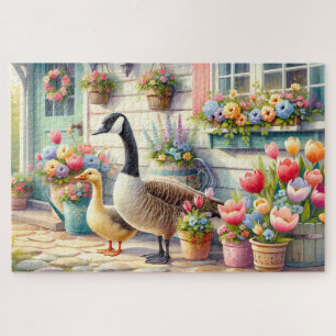 Illustration von Gänsen im Cottage-Garten im Frühl